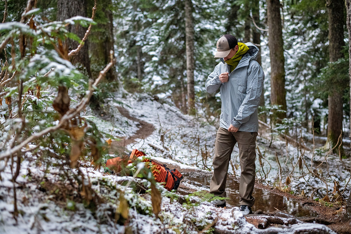 Arc'teryx Beta LT hardshell jacket (zipping up over midlayer)