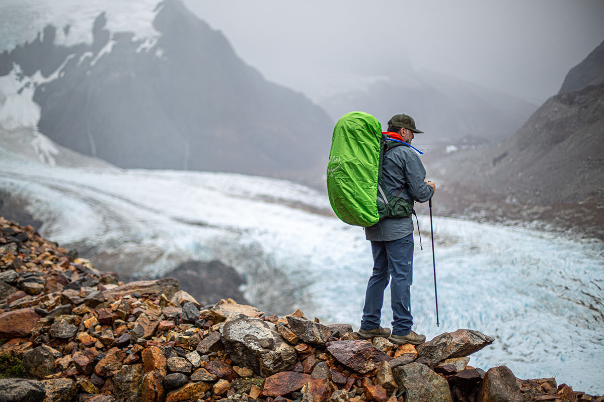 Backpacking backpack (rain cover on Osprey Aether 70 Plus)