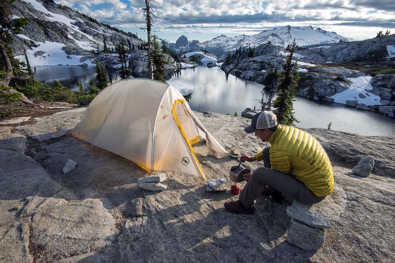 Backpacking gear (campsite at alpine lake)