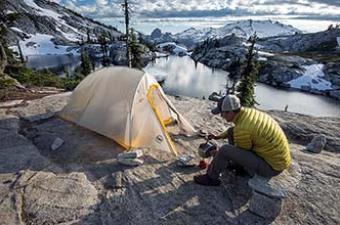 Backpacking gear (campsite at alpine lake)