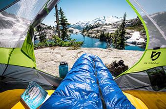 Backpacking sleeping bag (view out of tent)