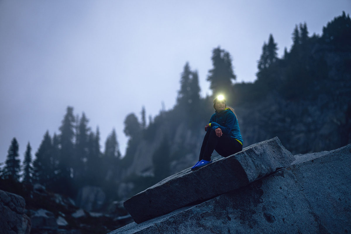 Headlamp (sitting on rock)