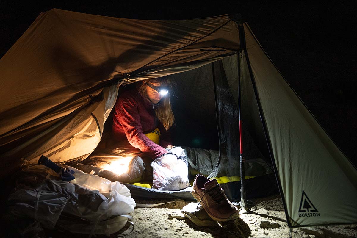 Headlamp proximity beam (organzing in backpacking tent)