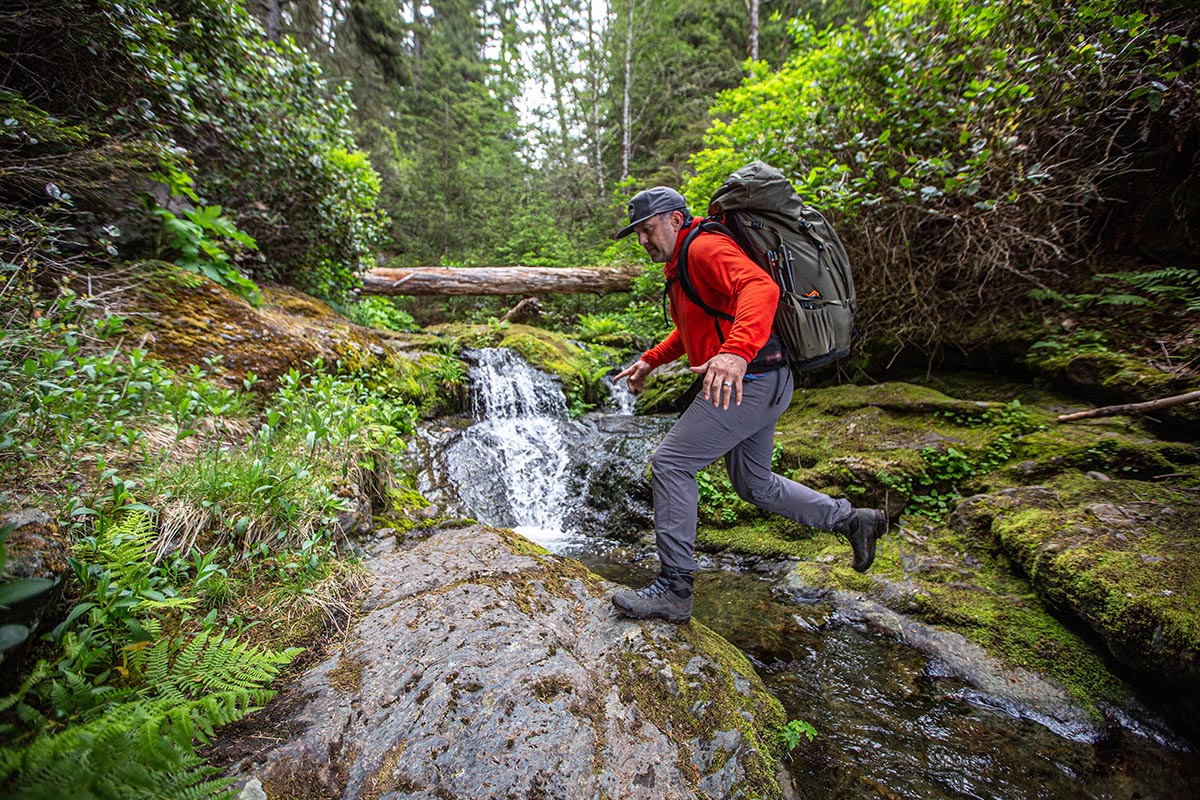 Hiking boots (jumping across stream in La Sportiva Nucleo High II)