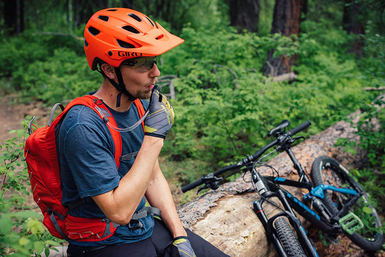 Mountain bike helmet (resting during ride)