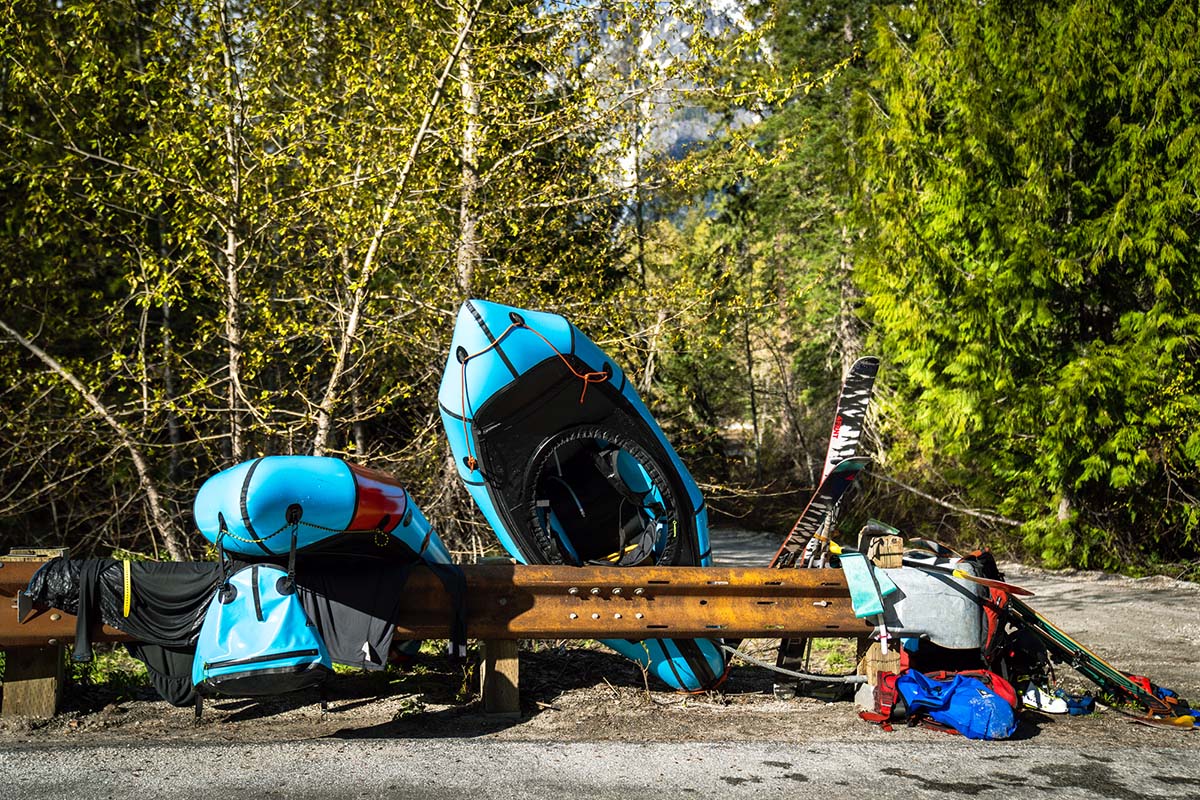 Packrafting gear on roadside