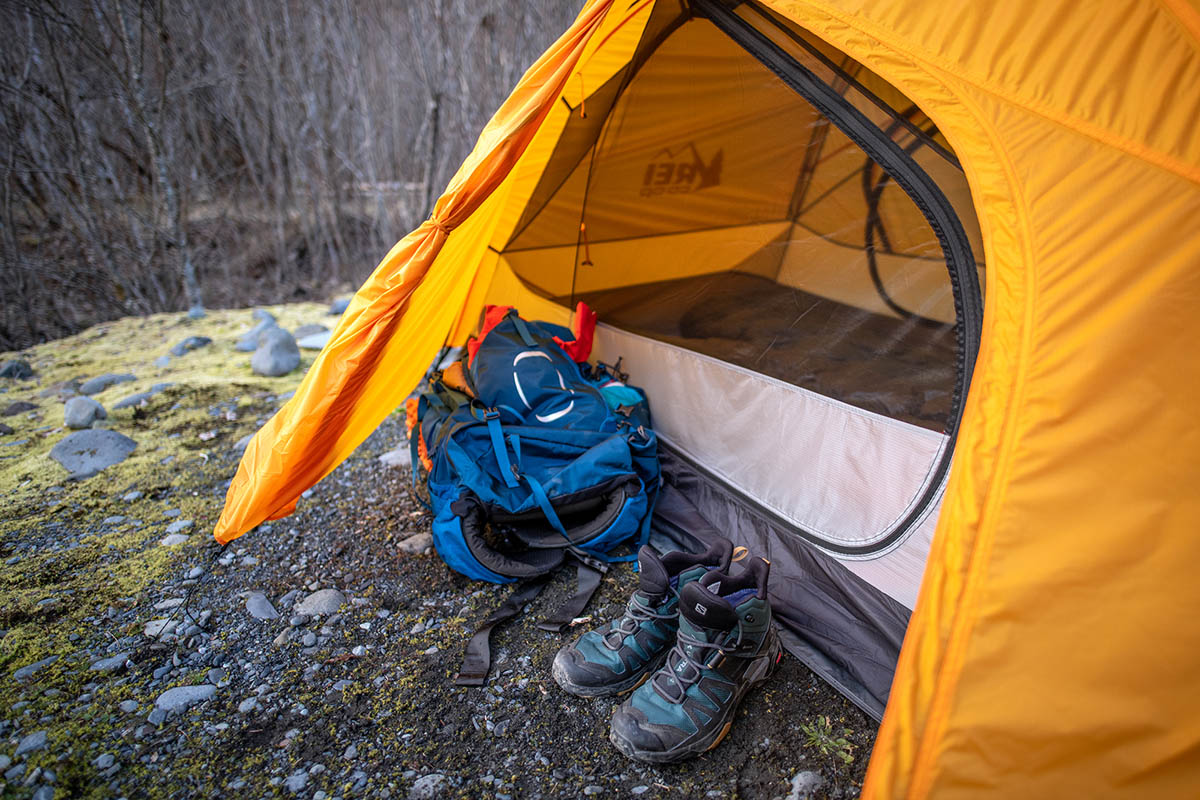 REI Co-op Half Dome SL 2 Plus tent (vestibule with backpacking gear)