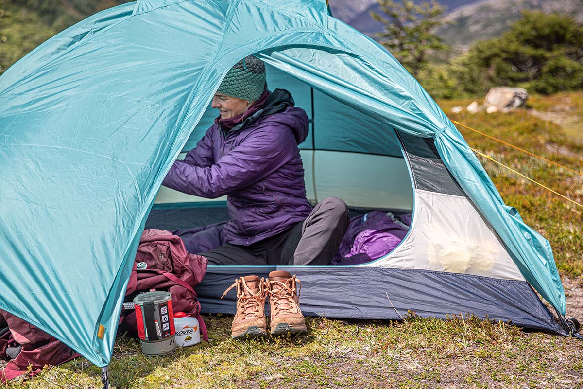 REI Co-op Trailmade 2 backpacking tent (organizing in tent)