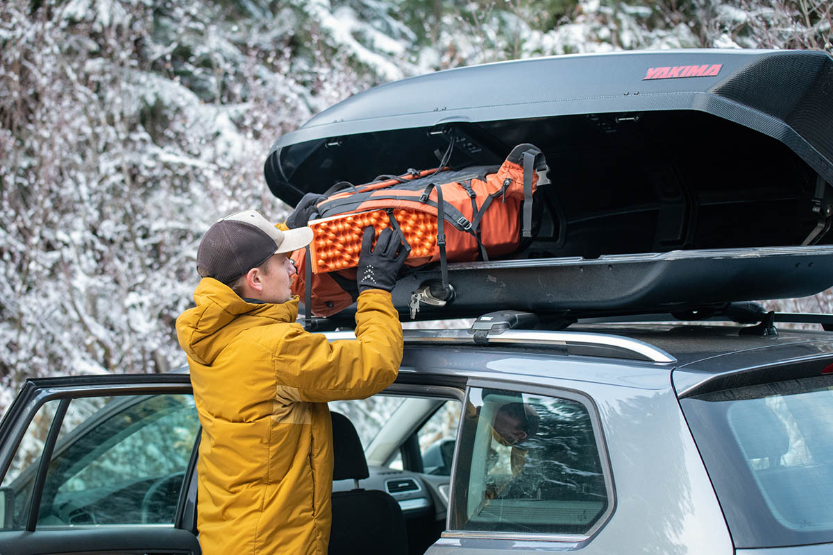 Rooftop Cargo Box (loading backpacking into Yakima SkyBox 16)