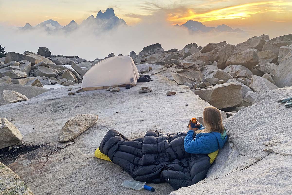 Sleeping on granite near Mt. Slesse (ultralight sleeping quilt)