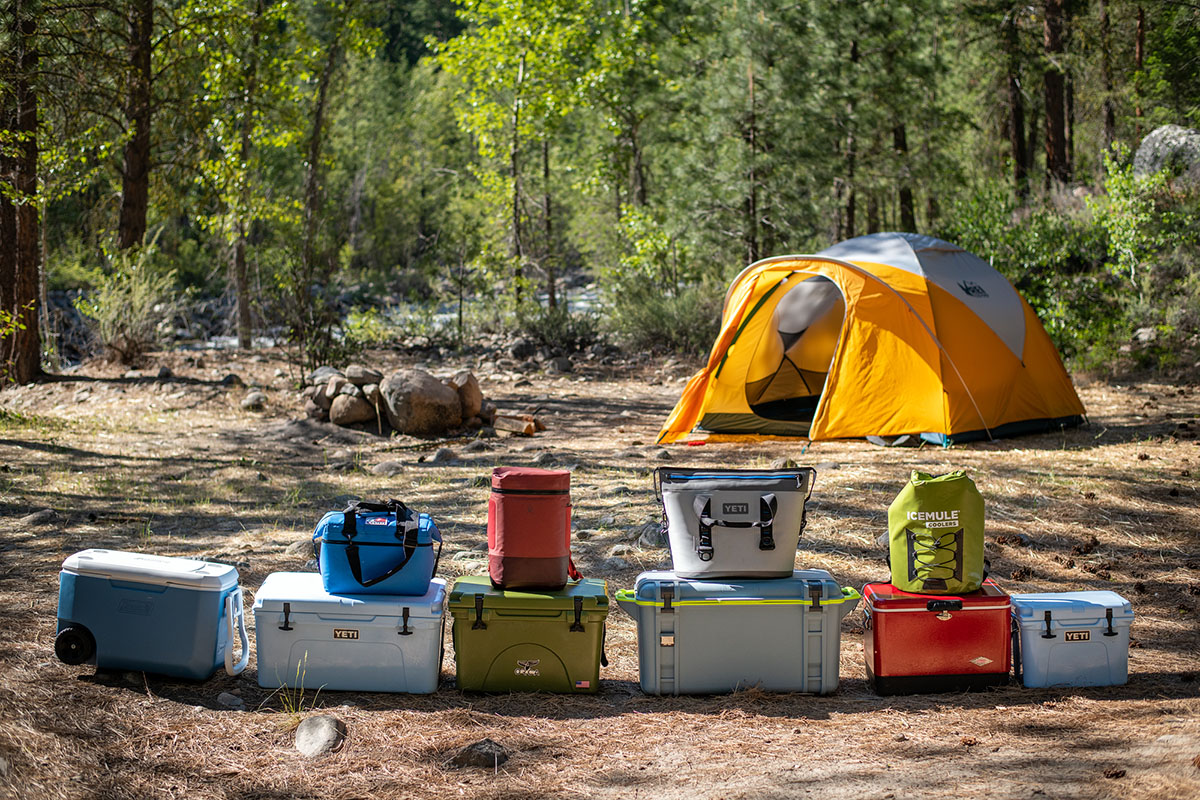 Soft coolers (lined up with hard-sided coolers)