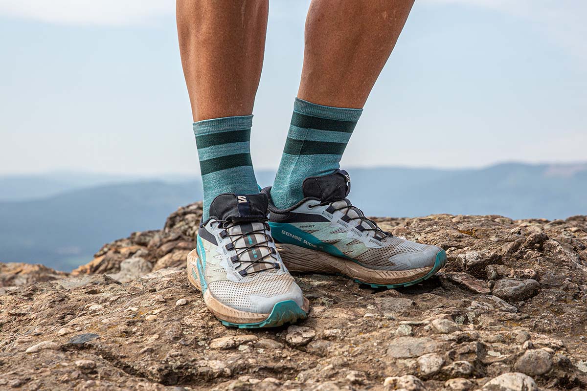 Trail running shoe (closeup of Salomon Sense Ride 5)