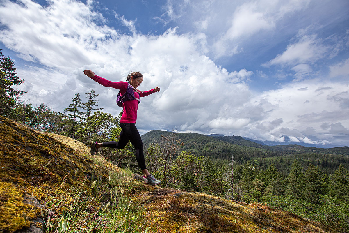 Trail running shoe (running downhill in La Sportiva Bushido III)