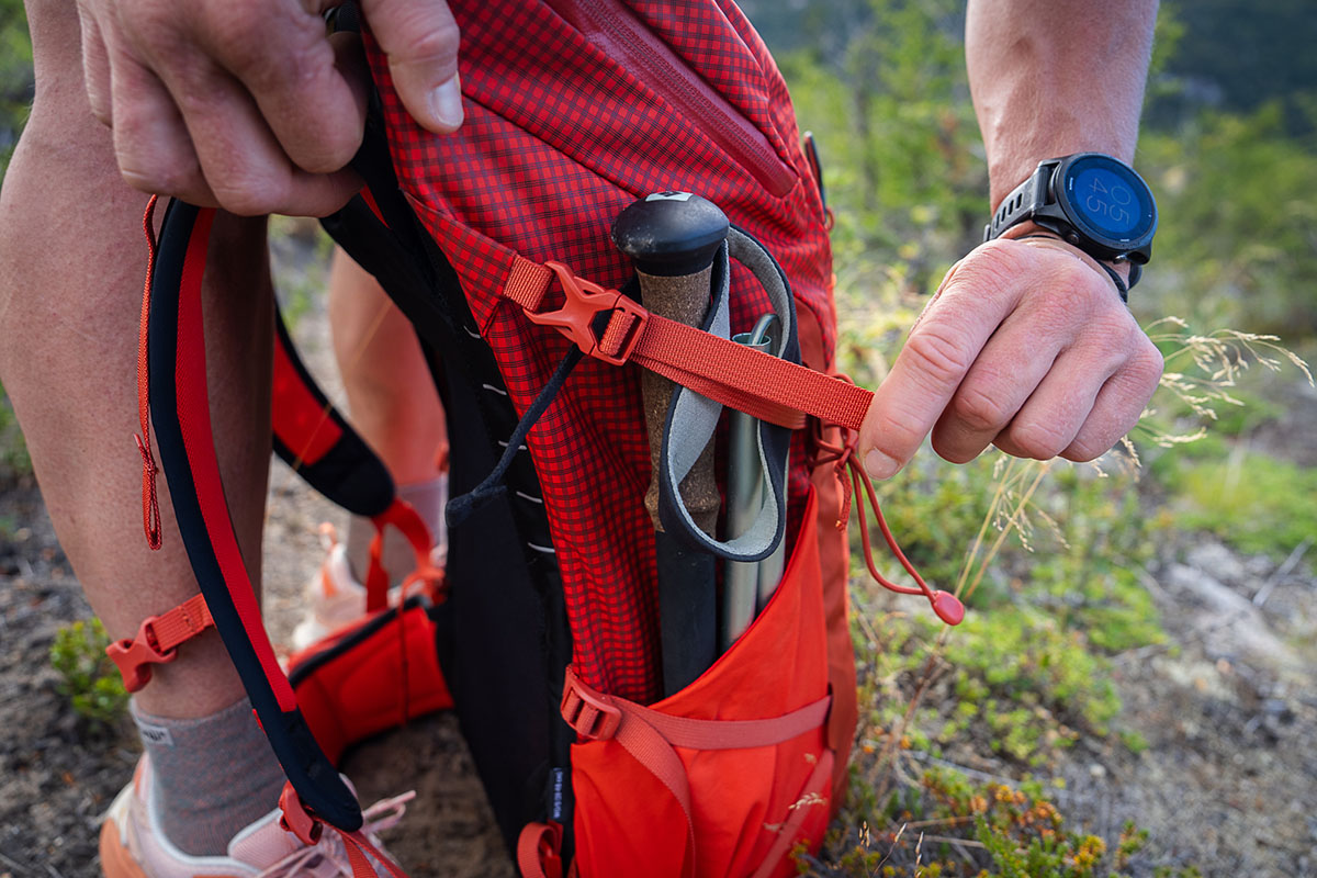 Trekking poles (folded down in side pocket of daypack)