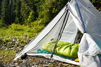 Ultralight sleeping bag (Feathered Friends bag inside ultralight tent)